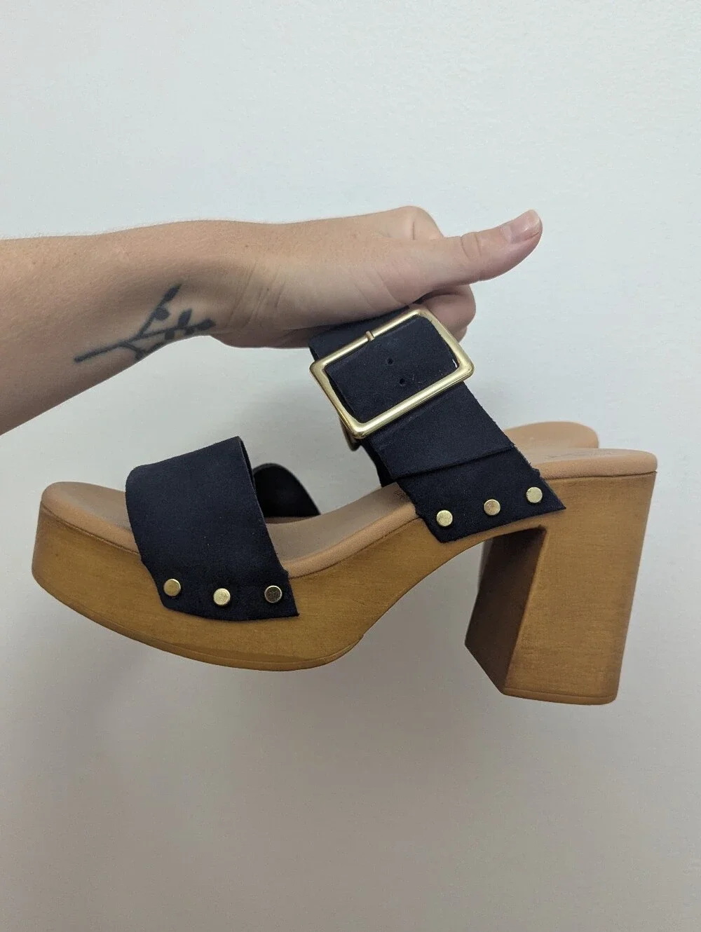 Avellini Italian Suede Platform Block Heel Open Toe Studded Sandals In Navy 7